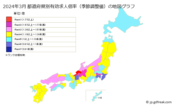 都道府県の有効求人倍率（季節調整値）の地図グラフ